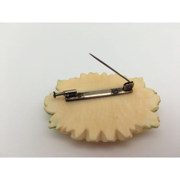 Pre 1930 Hand Carved Floral Chrysanthemum Brooch Trombone Clasp 2.25x1.5" Yellow - Picture 8 of 10